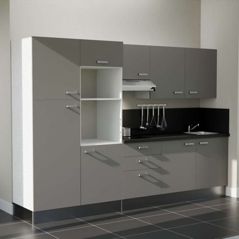 Kochnischen K46L-PT - 300 cm - Laminatplan, spüle Edelstahl, - Graue Front - strukturierte schwarze Arbeitsplatte - Kredenzen ja + Haushaltsgeräte Edelstahl (1/5)