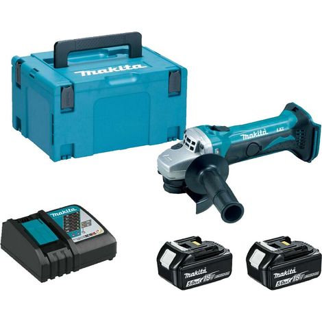 MAKITA DGA452RTJ Cordless 18V LXT 115mm Angle Grinder With 2x5Ah Batteries, Charger And MAKPAC 3 Set