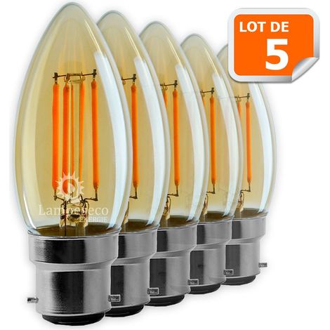 Lot de 5 Ampoules Led Flamme Filament Doré 4 watt (éq. 42 Watt) Culot B22 (1/4)