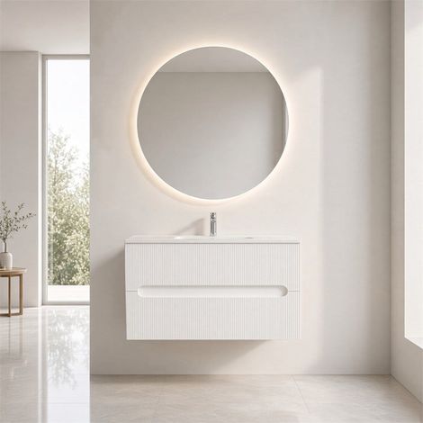 Mobile Bagno Sospeso 100Cm Bianco Con Frontale Cannettato Bianco Magnolia (1/5)