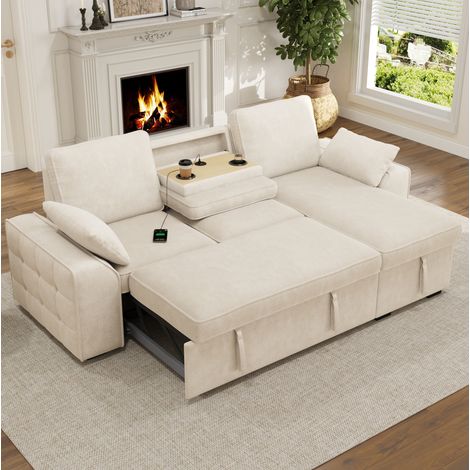 Canapé d’angle convertible 3 places avec rangement, table pliante, porte-gobelets et usb beige (1/4)