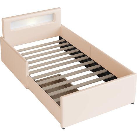 Cama infantil tapizada 90 x 200 cm beige con luz nocturna, puerto USB y cajones (1/5)