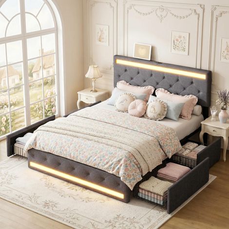 Lit double avec tiroirs 140x190 cm, tissu lin - 4 Tiroirs de Rangement et Ports USB - Sommier à Lattes Inclus, scandinave, Gris Foncé (1/5)