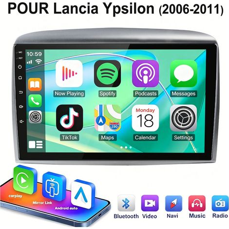 9 pouces Carplay 4 cœurs Autoradio pour Lancia Ypsilon (2006-2011) 64G JUNSUN (1/5)