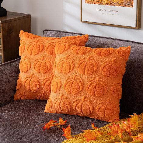 Couvertures d'oreillers décoratifs à la citrouille d'automne, lot de 2, 18 x 18 pouces, orange, mobilier robuste et élégant (1/5)