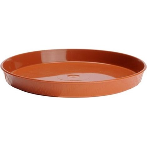 Runde Kunststoff-Untertasse in Holzoptik für einen Blumentopf, 14 cm Durchmesser, Größe 0, Terrakotta, rot (1/2)