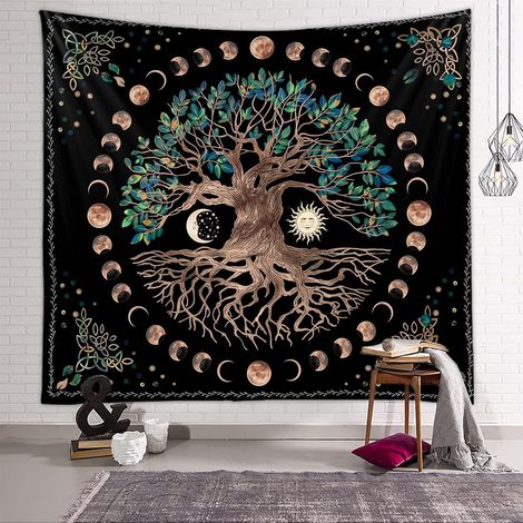 Tapisserie Arbre de Vie, Soleil et Lune, Psychédélique Mandala pour Chambre, Idéale Décoration Spirituelle (150x200cm) (1/5)