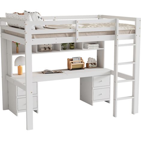 Lit mezzanine 90x200 avec bureau intégré, 4 tiroirs et 4 niches de rangement, garde-corps haut, bois de pin et MDF blanc pour chambre enfant  CHICFURN (1/5)