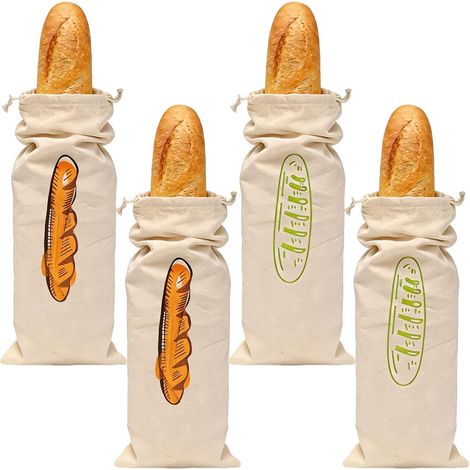 Sac à Pain en Coton 4 Pièces 16x64cm avec Cordon de Serrage Réutilisable pour Baguettes, Pain, Fruits et Légumes - Conservation Fraîcheur (1/5)