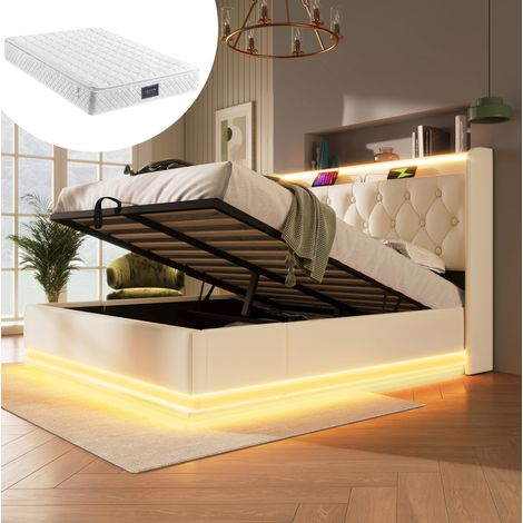 Letto contenitore 140x200 cm, letto matrimoniale imbottito con LED e ricarica USB Type-C, in PU, bianco, senza rete a doghe, materasso incluso (1/5)