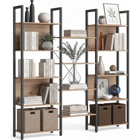 Relaxdays Industrial Wood Effect Bookcase, 14 Open Shelves, Light Brown, H166×W158×D24 cm (1/5)