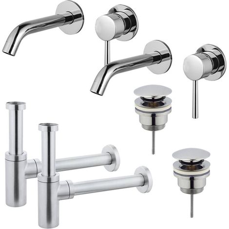 FugaFlow Eccelente Sobrado Kit robinet lavabo - pour double vasque - robinet rehaussé - bonde clic clac - siphon design - Chrome brillant (1/4)