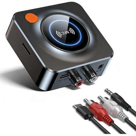 Adaptateur Bluetooth compatible NFC avec entrées AUX et RCA, transforme un équipement audio filaire en système de diffusion sans fil pour chaîne hi-fi domestique. (1/5)