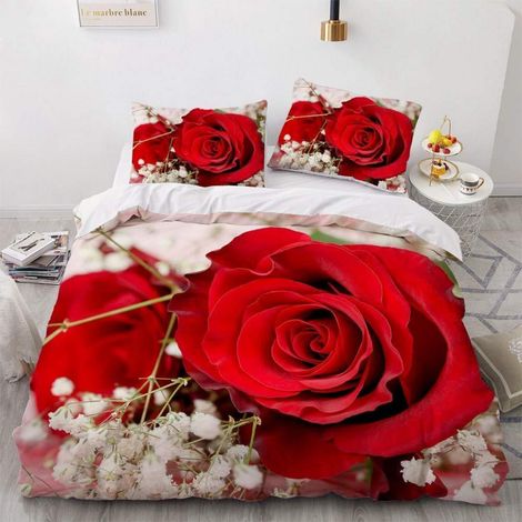 Bettwäsche-Set 135x200cm Rot mit Rosenmuster, 2-teilig, Microfaser, romantisch