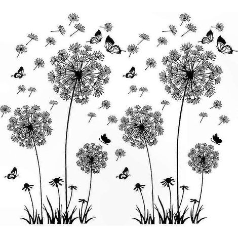 Décor mural 2 pièces pissenlit noir, stickers floraux pour salon, chambre, entrée ou couloir, autocollants plante pour décoration intérieure. (1/4)