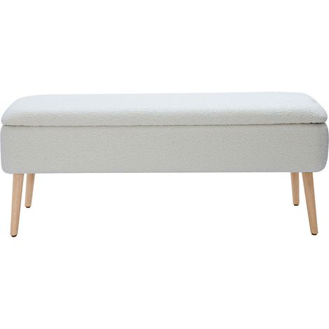 Banktruhe in weißem Wollbouclé-Effekt und hellem massivem Holz L120 cm LARS