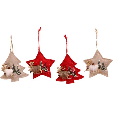 Set 4 Decorazioni Natalizie in Flanella – Pendenti Albero e Stella Ricamati Rosso Grigio 13 cm con Cordino – Design Elegante – Ideali per Albero di Natale, Finestre e Interni Casa (1/5)