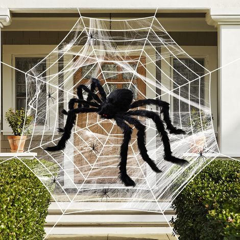 Décorations d'extérieur pour Halloween Toile d'araignée Araignée géante de 1,5 m + diamètre de 3 m de diamètre circulaire + toile d'araignée 60 g + 6 petites araignées (1/5)