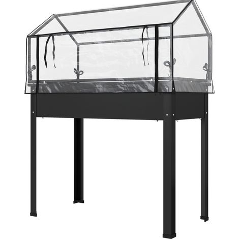 CHICFURN Huerto elevado con techo de invernadero 100 x 48 x 124 cm de metal negro con drenaje (1/5)