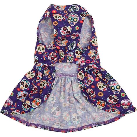 Robe d'Halloween pour animaux de compagnie, douce pour la peau, extensible et respirante, motif têtes de mort, tenue mignonne pour chien pour les promenades. (1/2)