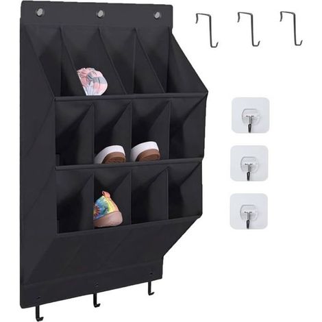 Ecleanfy – Hängendes Schuhregal mit 12 tiefen Fächern, Wandmontage, Ablagefach, Leinenoptik Schwarz (1/5)