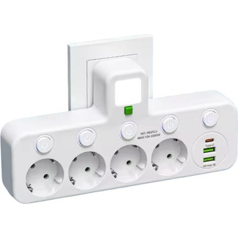 Multiprise Murale 4 Prises EU + 2 USB + 1 USB-C, Interrupteurs Individuels, Fixation Murale, LED, Blanc (1/5)