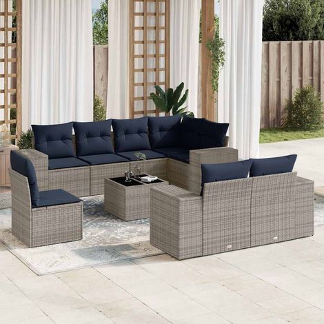 9-teiliges Gartensofa-Set mit Kissen, grau, Polyrattan (1/5)