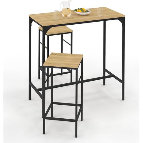 Idmarket – Ensemble table haute de bar DETROIT 95 cm – 2 tabourets bois et métal – Style industriel – Pour 2 personnes – Dimensions 95x45 cm