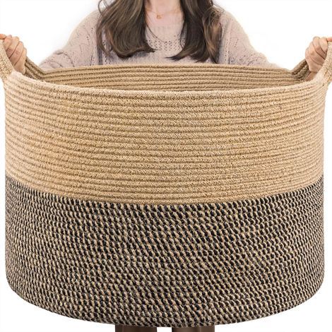 Extra large woven basket 55 x 35 cm, dog toy basket, laundry basket for dirty clothes, shoe basket for entryway, 90 L, black and jute (1/5)