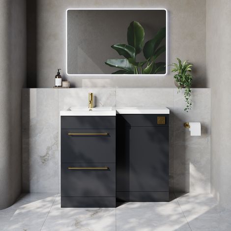 Napoli 390 Gloss Grey 1000mm 2 Drawer Vanity Unit Toilet Suite with Left Hand Square Lucia Basin - 1000mm - Brushed Brass 320mm HandleWithout Kingston Toilet Pan