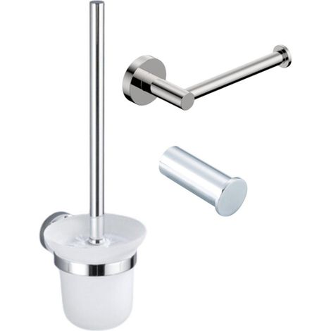 FugaFlow Eccelente Ensemble accessoires WC 3 pièces - porte-rouleau sans couvercle - brosse WC - crochet à serviette simple rond - Chrome