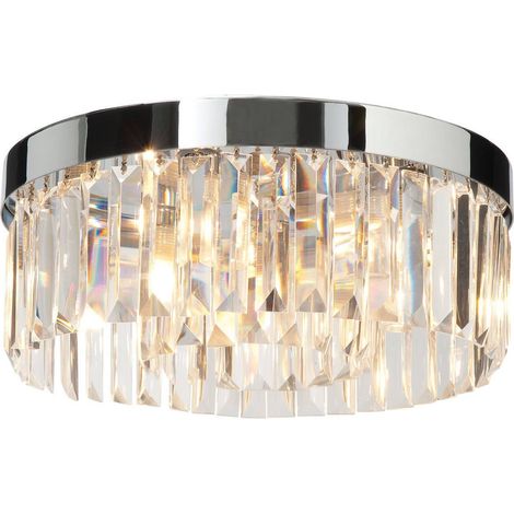 Endon Crystal - Plafonnier affleurant de salle de bains à 5 ampoules au chrome, cristal clair (K9) Détail du verre IP44, G9
