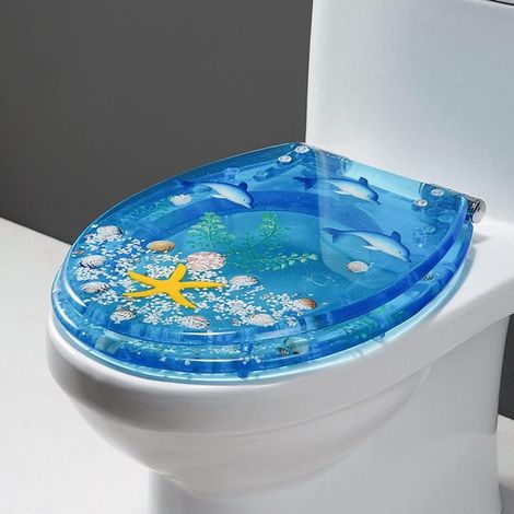 Abattant de toilette rond en résine transparente avec charnière chromée, série 3D Ocean (bleu) (1/5)