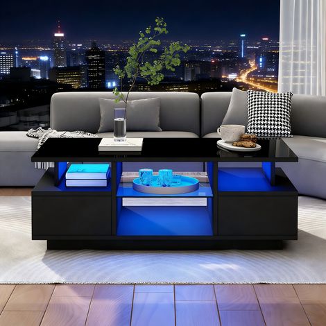 Couchtisch Schwarz Hochglanz 100x50cm, Wohnzimmertisch mit LED App-Steuerung, Kaffeetisch 2 Schubladen & Glasablage, Moderner Sofatisch