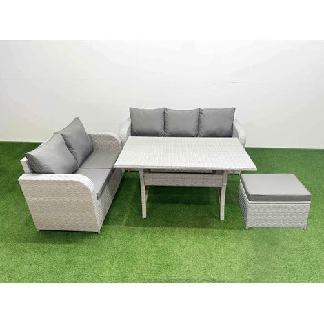 Fimous 6 Seater PE Rattan Wicker Garden Furniture Patio Conservatory Sofa Set with Rectangular Dining Table 3 Seater Sofa Love Sofa Big Footstool (1/4)