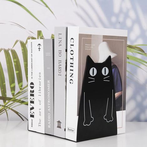 Bonitos sujetalibros metálicos con forma de gato, juego de 2 sujetalibros metálicos grandes y resistentes para la oficina y la estantería. (1/3)