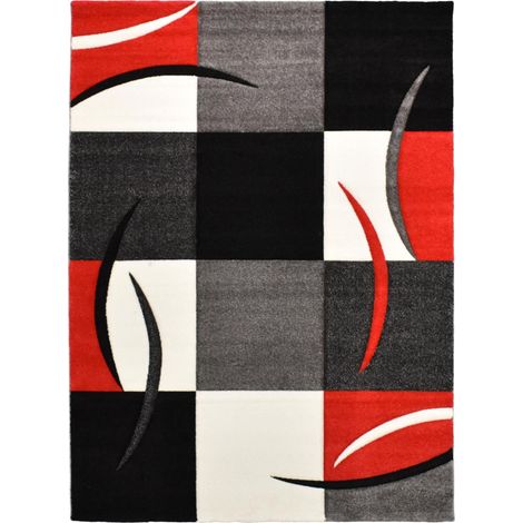 Tapis rectangle tissé 160x230 cm rouge – Motif damier – Antistatique et hydrofuge – Résistant aux acariens – Pour chauffage au sol – Unamourdetapis