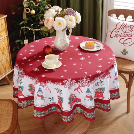Nappe ronde de Noël rouge - 150 cm - Imperméable - En forme de cercle - Motif fleurs de neige - Pour réunions de famille, Noël, dîner, vacances, fête - Décoration d'intérieur (1/5)