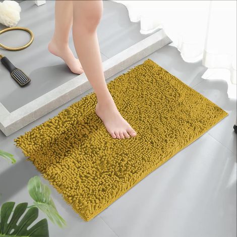 Tapis de bain 50 x 80 cm chenille jaune curry - Antidérapant et confortable - Grand tapis de bain lavable et absorbant - Séchage rapide - Pour salle de bain bohème, maison de campagne (1/5)