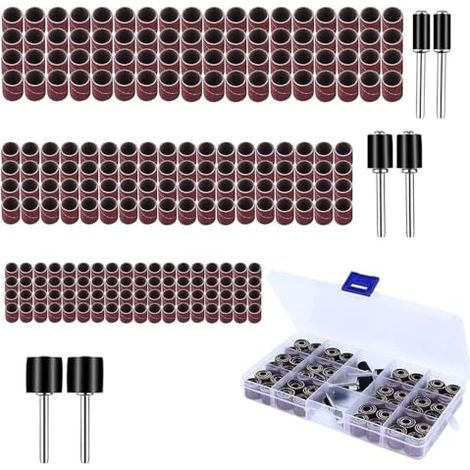 Lot de 222 manchons ponçage, tambour ponçage 80/120 Grit comprenant 216 pièces bandes abrasives et 6 roues à poncer pour outil rotatif Dremel - (1/5)