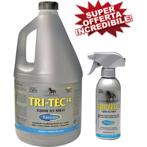 TRI-TEC 14 insectifuge pour chevaux contre les taons, mouches et insectes volants 3,8 litres en jerrican più flacon 300 ml
