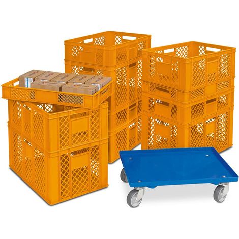 BRB 11 bacs euros / paniers empilables en 4 hauteurs, PE-HD, orange, L x l 600 x 400 mm, H 90 mm/150 mm/240 mm/320 mm, avec chariot de transport (1/2)