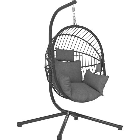 Fauteuil œuf suspendu avec coussin rembourré et panier pliable gris 120x106x188 cm