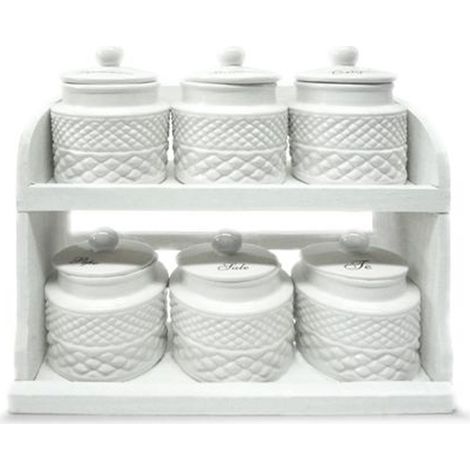 Set 6 Barattoli da Cucina per Spezie in Ceramica con Mensola in Legno (1/3)