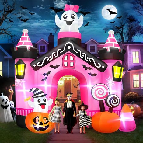11FT Halloween Inflatable Pumpkin Ghost Arch Decorations Giant Pink Castle Blow Up Yard Decoration for Halloween Party Indoor, Outdoor, Yard, Garden, Lawn (1/5)