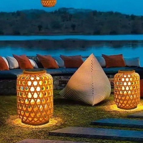 Lanterne Solaire en Bambou Tissé Naturel (1 Pièce), Faite à la Main, Style Chinois à Vent, Suspendue, Pour Cour/Jardin (1/4)