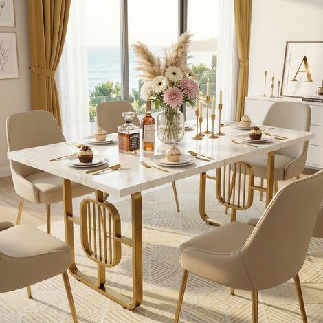Table à manger rectangulaire 160 cm pour 4-6 personnes – Plateau effet marbre – Pieds en métal doré – Design moderne et élégant – pour salle à manger et cuisine (1/5)