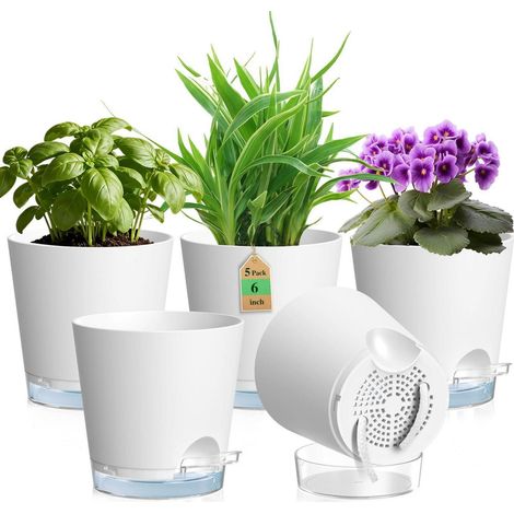 5er Set Blumentöpfe Selbstbewässernd Ø 15 cm mit Wasserstandsanzeige & Docht (1/5)