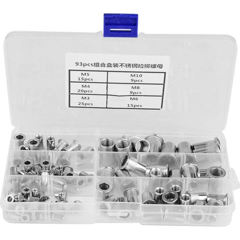 93 pièces d'insertion filetée 1 boîte M3 M4 M5 M6 M8 M10 304 ensemble d'écrous à rivet aveugle en acier inoxydable pour atelier de réparation (1/5)