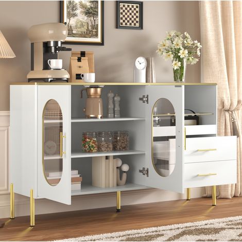 MEUBLIV Buffet 140 x 38 x 90 cm blanc et doré – 2 tiroirs, 2 portes vitrées (1/5)